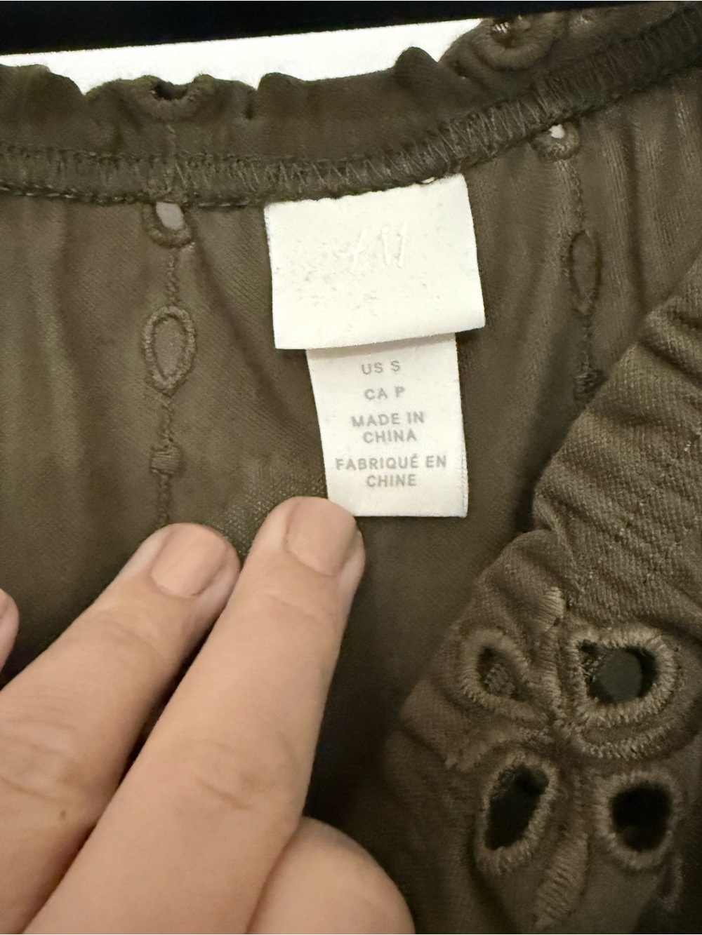 H&M Olive Eyelet Long Sleeve Peasant Blouse - Picture 2 of 2